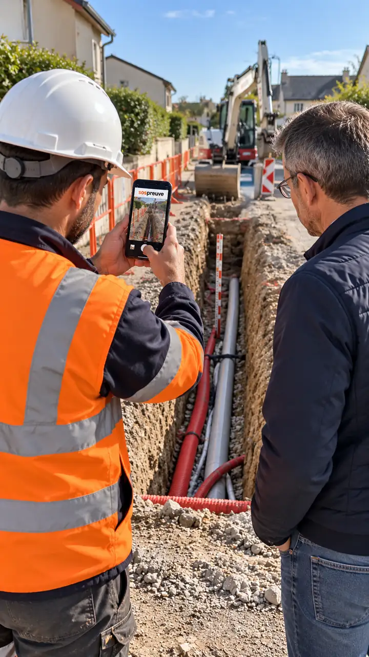 Un ouvrier en gilet orange photographie avec son téléphone les gaines posées au fond d'une tranchée, avant le remblai, sous le regard de son client.